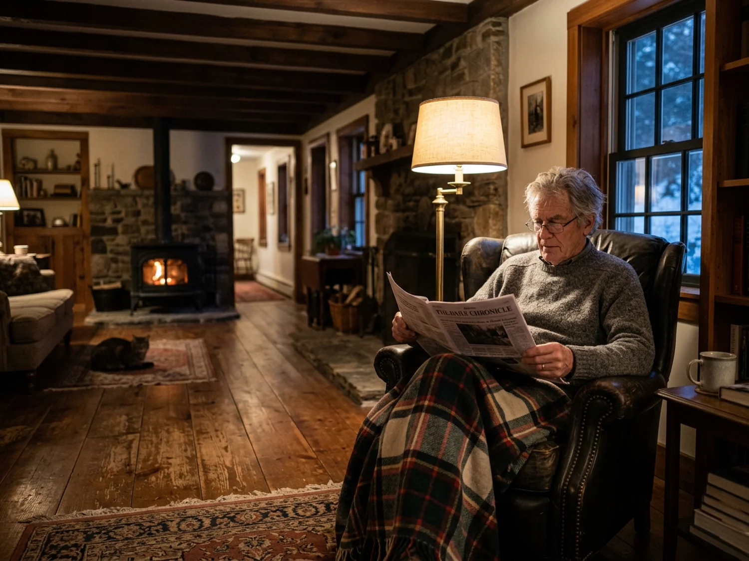 An older man in a wool sweater reading in an armchair at the far end of a farmhouse living room, a wood stove burning in the distance