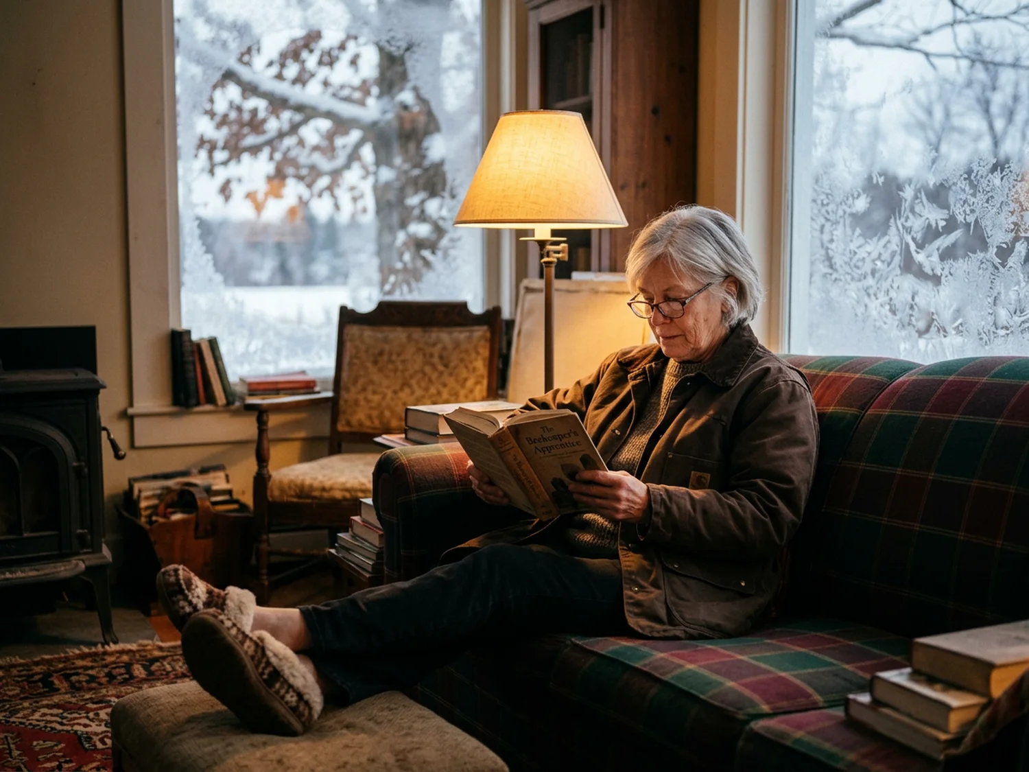 An older woman in a wool coat and slippers reading on a sofa in a farmhouse living room in winter