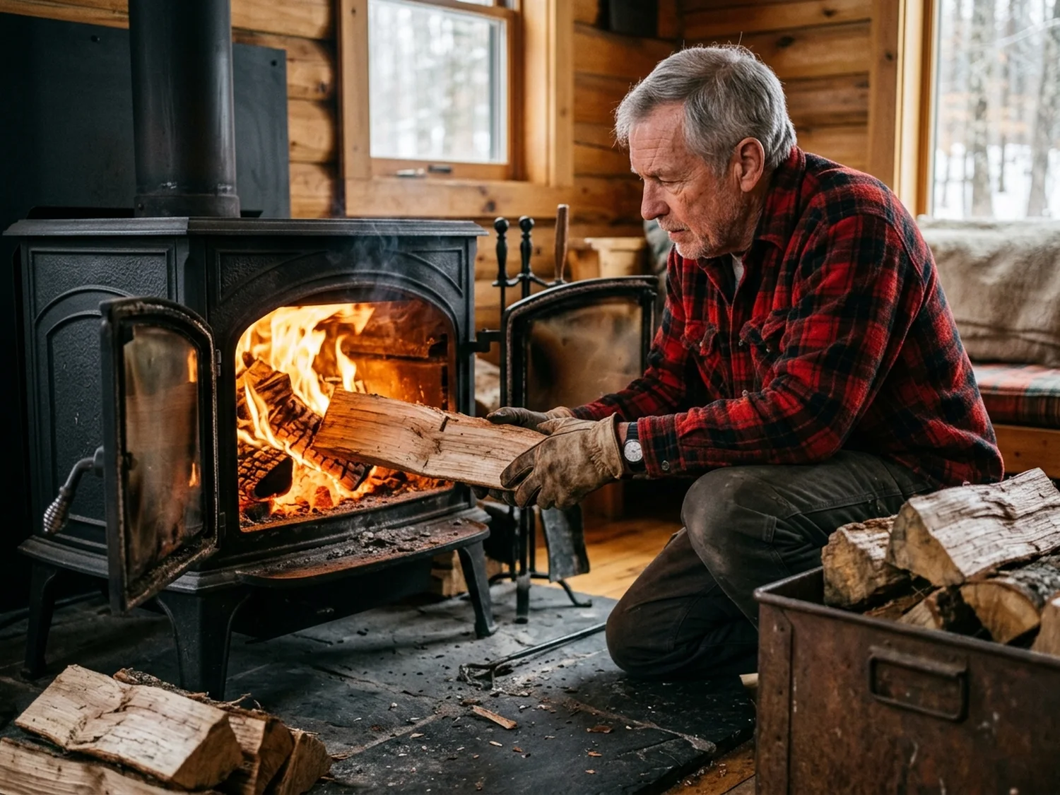 An older man in a flannel shirt crouching to load a split log into a glowing cast iron wood stove
