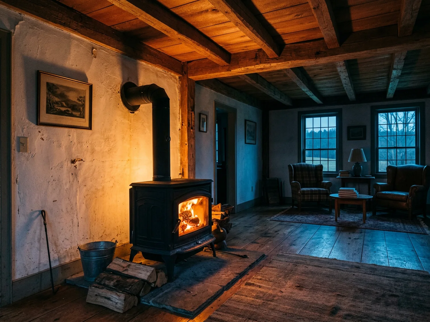 Warm light from a wood stove glowing up a high farmhouse wall and ceiling, the far end of the room dim and shadowed