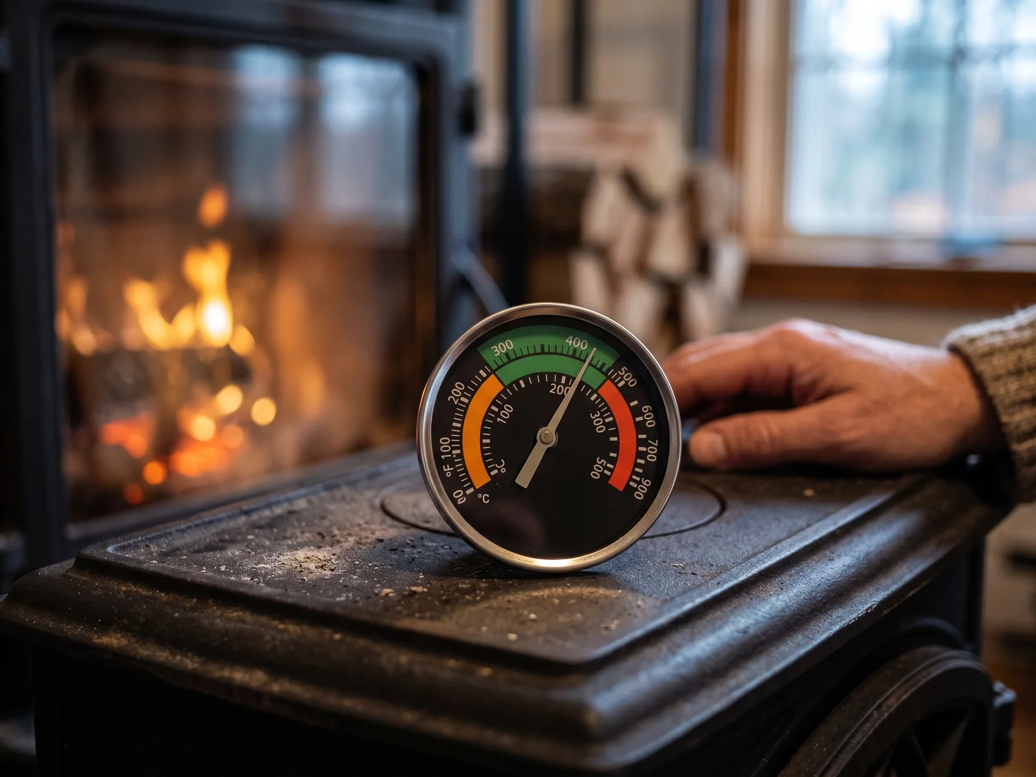Close-up of a round magnetic thermometer stuck on the black top of a cast iron wood stove, the needle in the middle zone