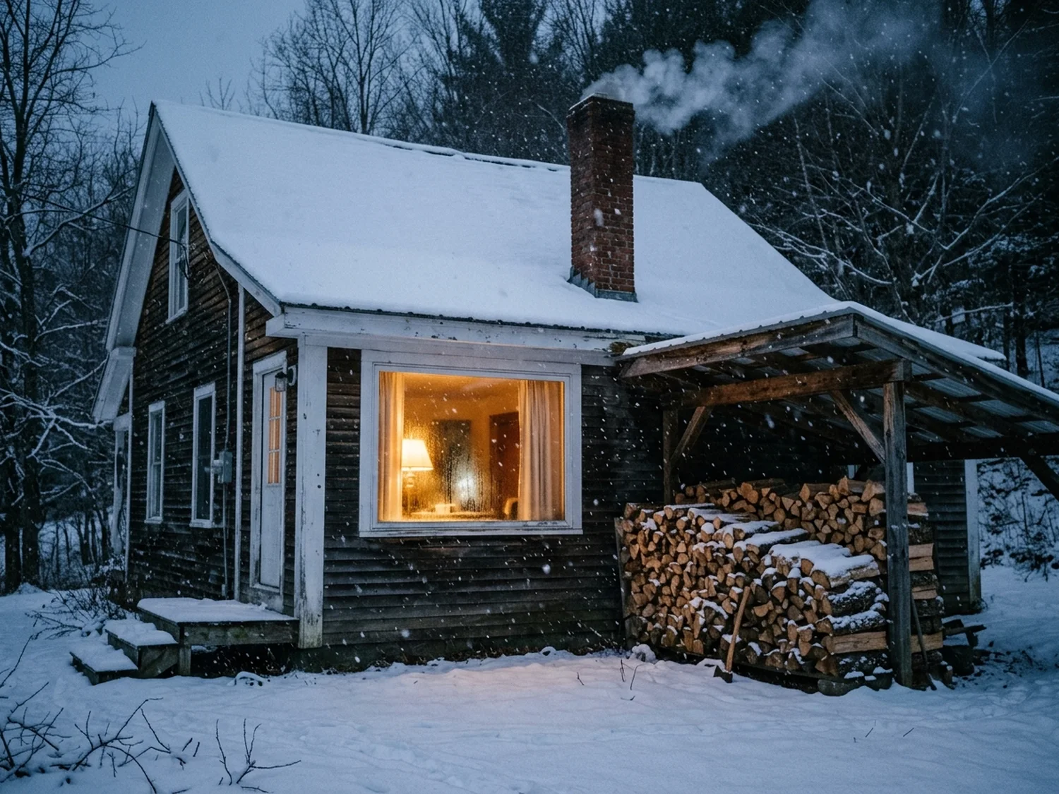 Snow falling past a farmhouse window at dusk, smoke rising from the chimney, a woodpile under a lean-to