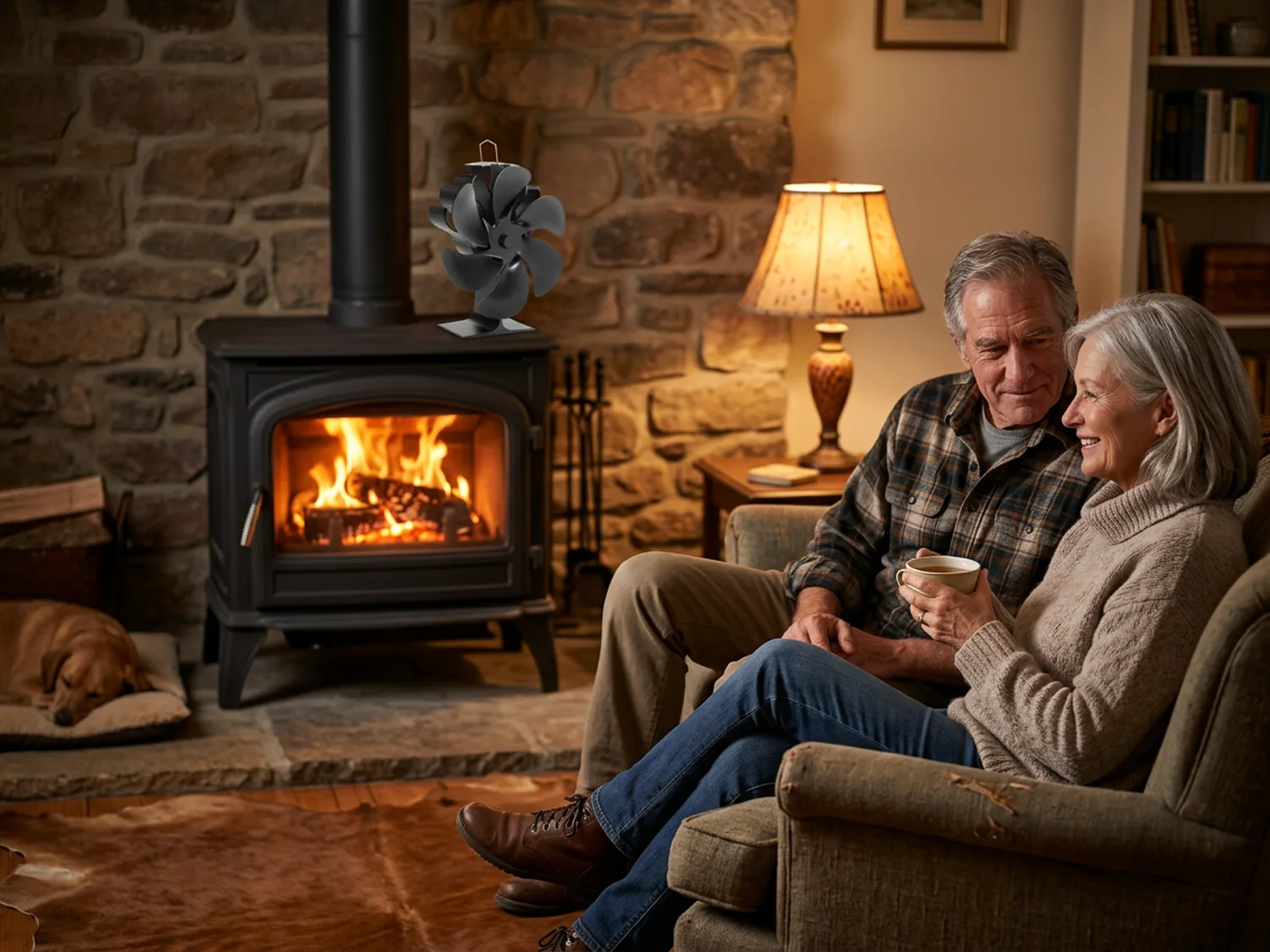 An older couple sitting together in armchairs at the far end of a warm farmhouse living room, a wood stove glowing in the background