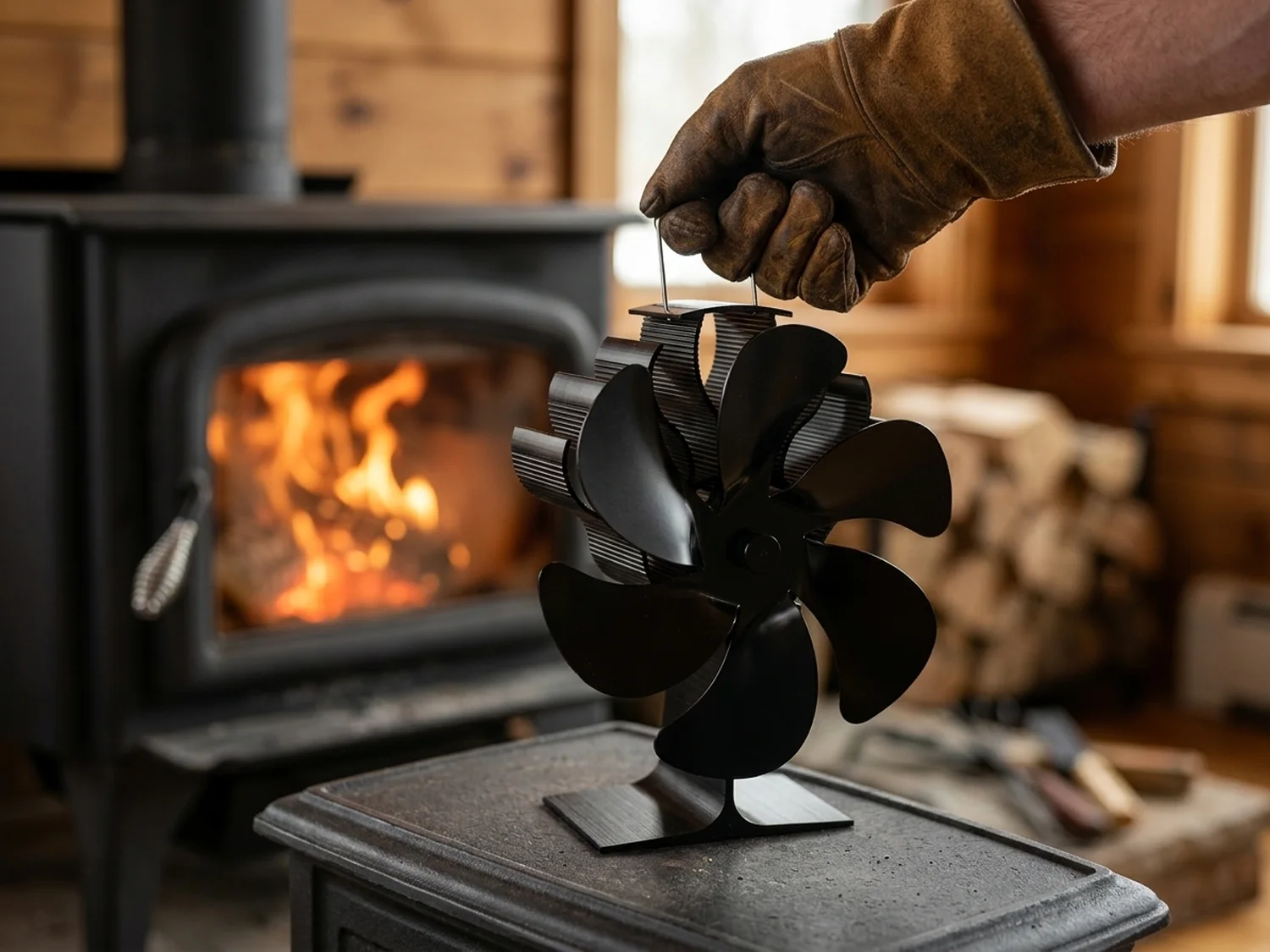 An older man lifting a small black stove fan by its wire handle with a leather glove over a cast iron stove
