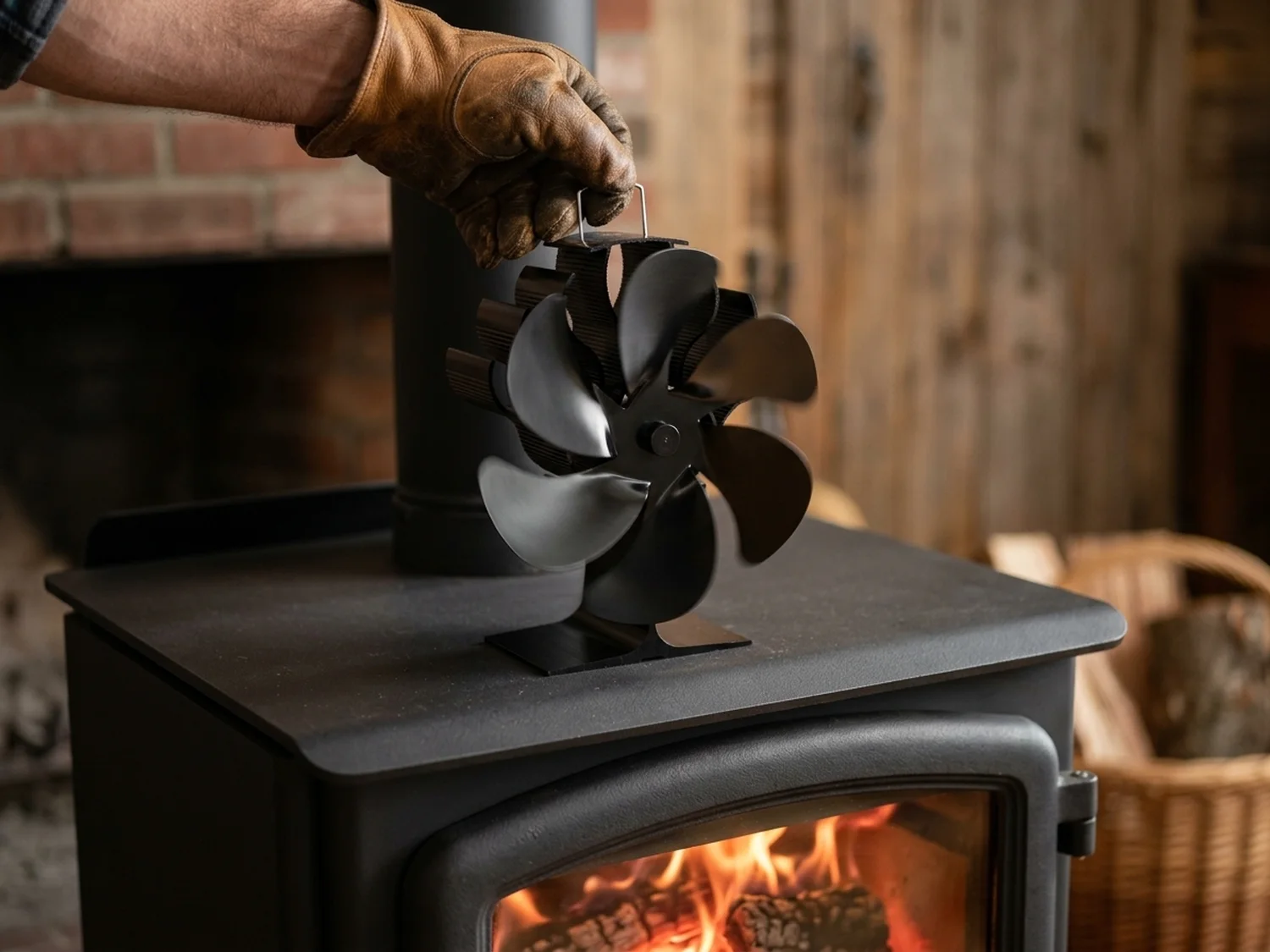 A gloved hand setting a small black six-vane fan on the flat top of a cast iron wood stove