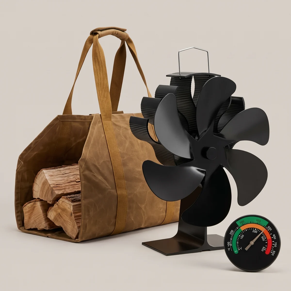 The Hearthmoor Stove Fan Kit: six-vane stove fan, magnetic stove thermometer and waxed canvas log carrier